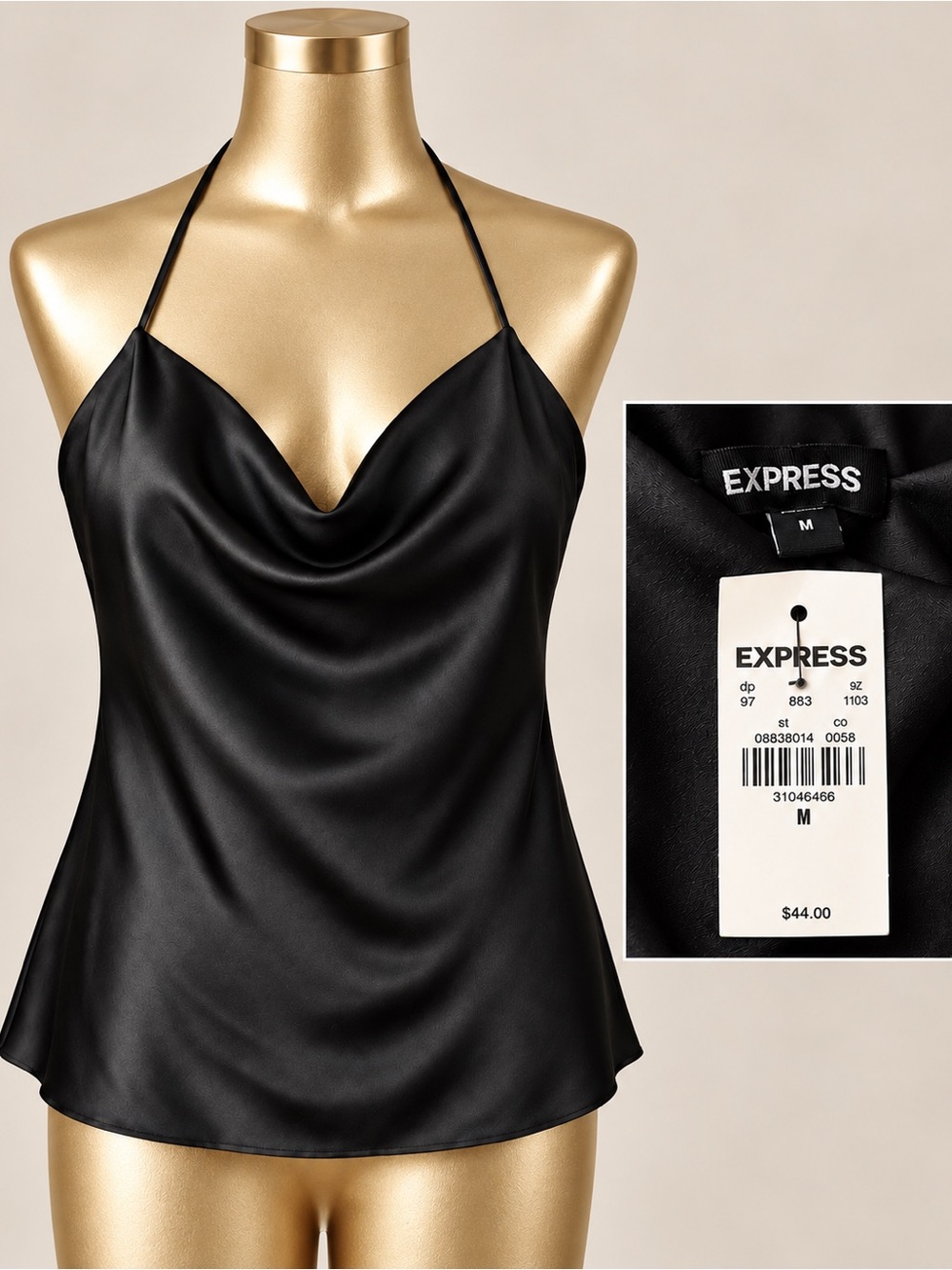 Express Black Satin Halter Cowl Neck Camisole
